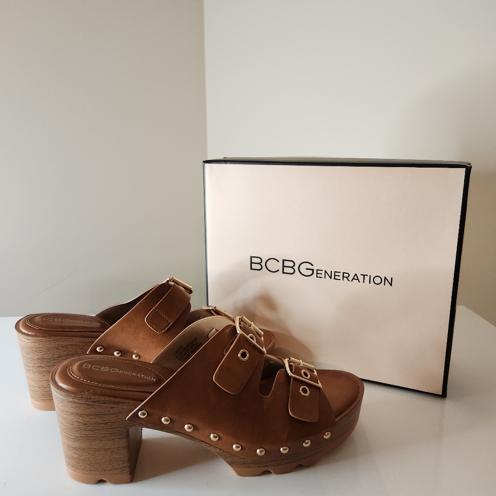 BCBG Generation Faux Wood Cognac Mule/Clog with Gold Buckles and Studs, Size 8.5